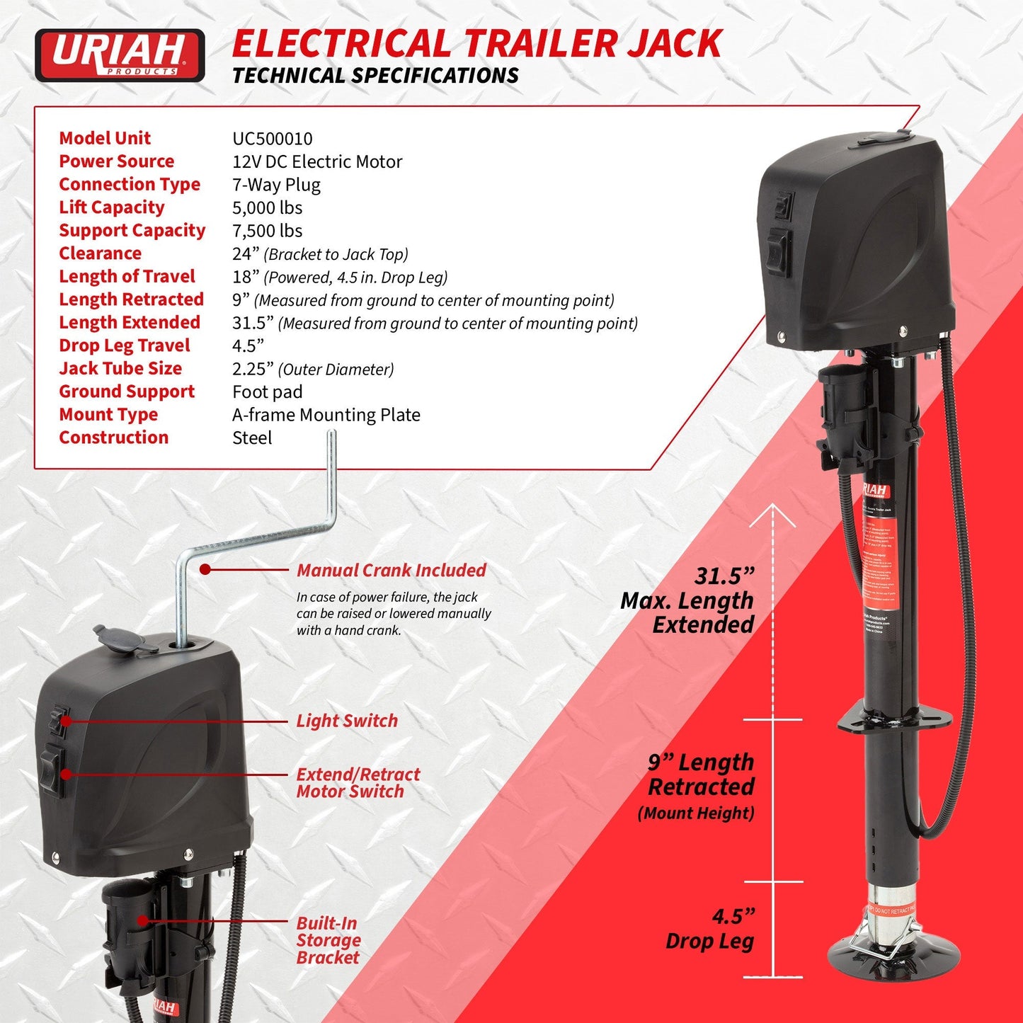 Uriah Products Electric 12V 7 Way Connector 5000 Lb Lift Capacity Trailer Jack - Angler's Pro Tackle & Outdoors