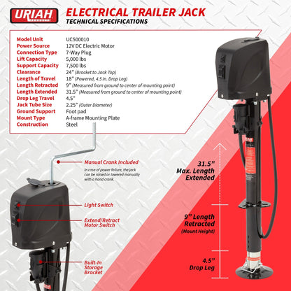 Uriah Products Electric 12V 7 Way Connector 5000 Lb Lift Capacity Trailer Jack - Angler's Pro Tackle & Outdoors