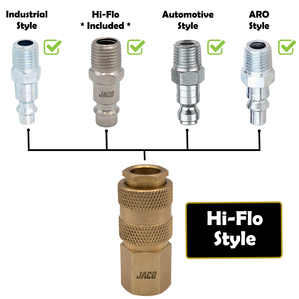 Jaco Hi-Flo Quick Connect Air Fittings | Plug & Coupler Kit - 1/4" NPT (Set of 12)