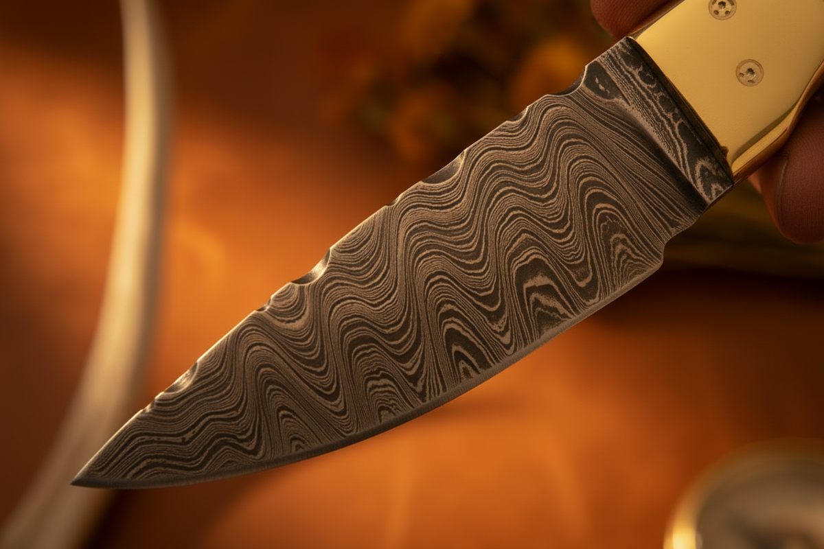 Frontier Cowboy Gear Wild West Knife – Damascus Steel, Sheep Horn Handle & Brass Bolster | 6.25"