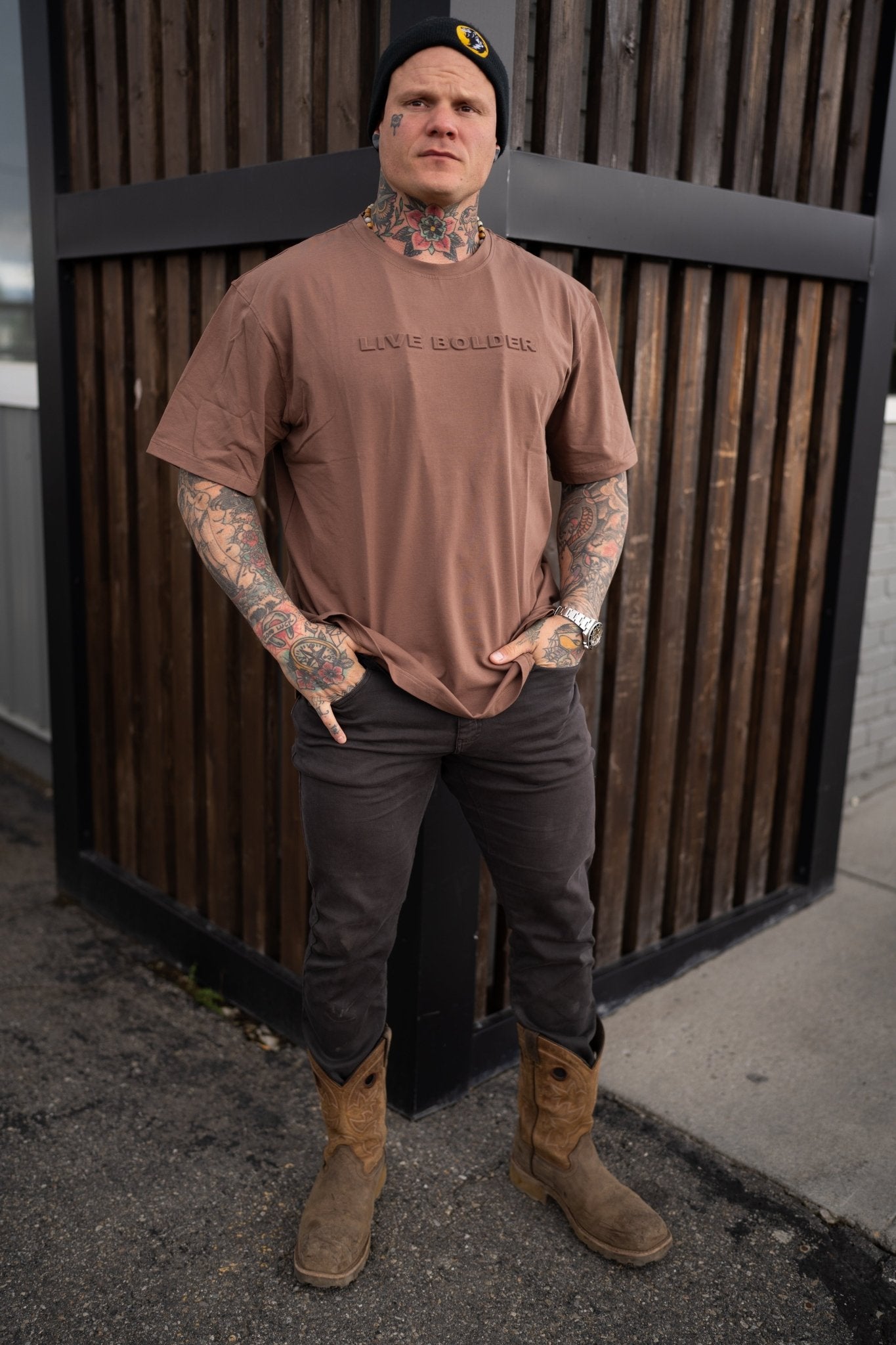 We Defy The Norm - Live Bolder Pump Cover Boxy T - Shirt - Camel Brown - Angler's Pro Tackle & Outdoors