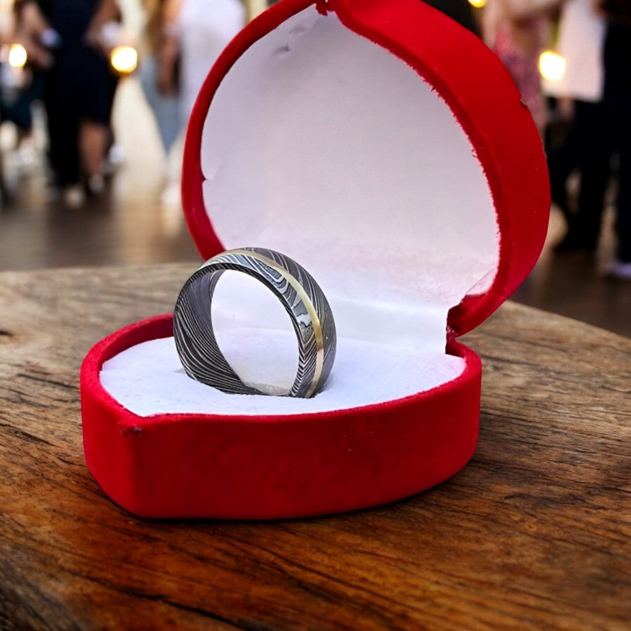 KBS Knives Custom Handmade Damascus Engagement Ring – Brass Inlay