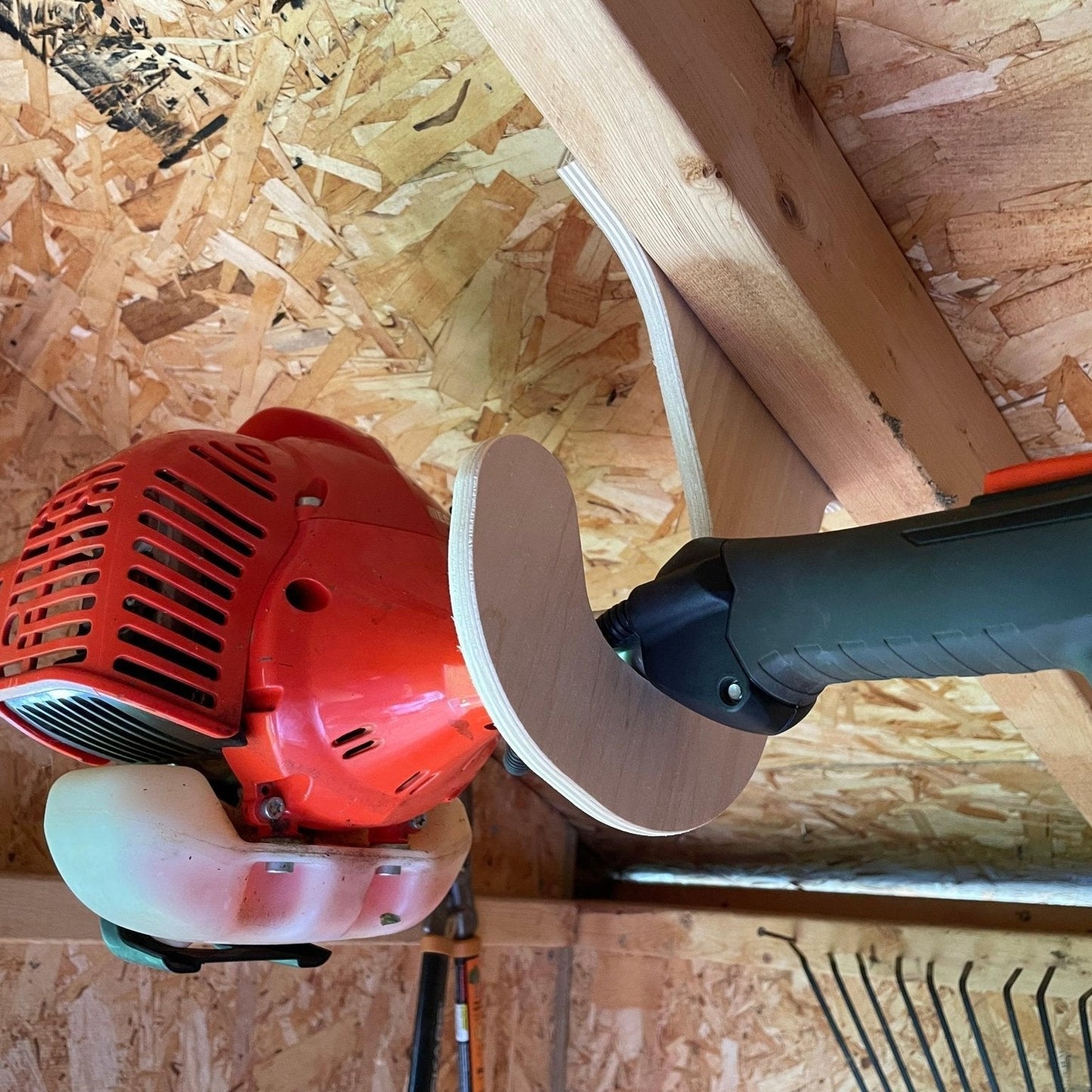 HangThis Up - Ceiling Weed Wacker Organizer, hangs from ceiling rafters in shed, easy to install, fits all weed wackers