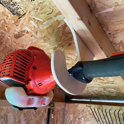 HangThis Up - Ceiling Weed Wacker Organizer, hangs from ceiling rafters in shed, easy to install, fits all weed wackers