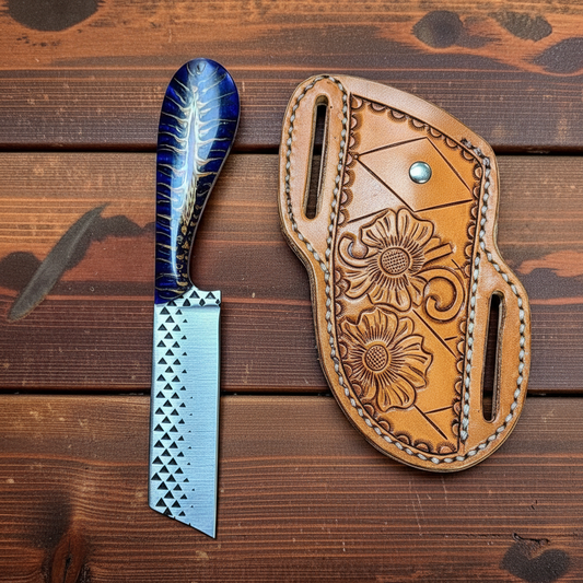 Frontier Cowboy Gear The Ponderosa – Custom Handmade Rasp Steel Bull Cutter Knife with Blue Epoxy Pine Cone Resin Handle & Leather Sheath