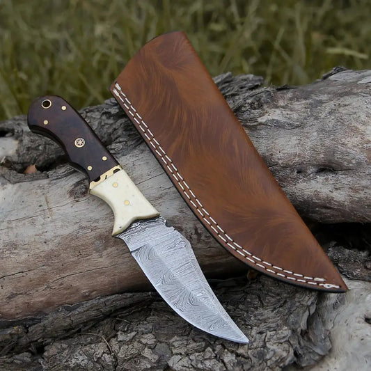 White Hills Knives 10” Custom Hand Forged Damascus Steel Full Tang Hunting Knife - Wood & Bone Handle H - 026 - Angler's Pro Tackle & Outdoors