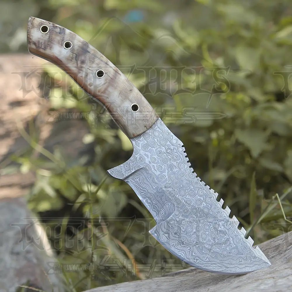 White Hills Knives 10”Custom Hand Made Forged Damascus Steel Tracker Hunting Camping Knife With Ram Horn Handle WH 3845 - Angler's Pro Tackle & Outdoors