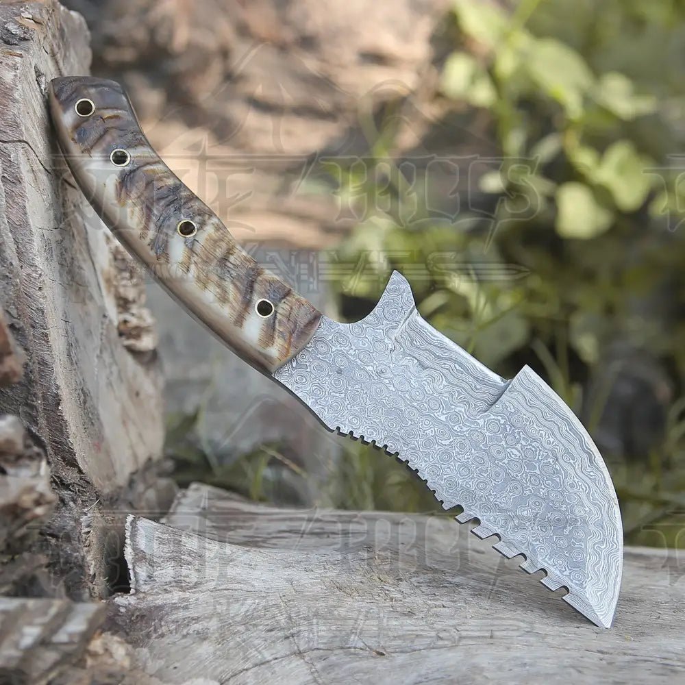 White Hills Knives 10”Custom Hand Made Forged Damascus Steel Tracker Hunting Camping Knife With Ram Horn Handle WH 3845 - Angler's Pro Tackle & Outdoors