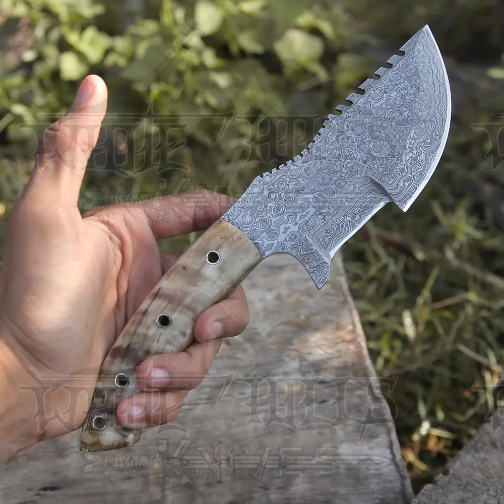 White Hills Knives 10”Custom Hand Made Forged Damascus Steel Tracker Hunting Camping Knife With Ram Horn Handle WH 3845 - Angler's Pro Tackle & Outdoors
