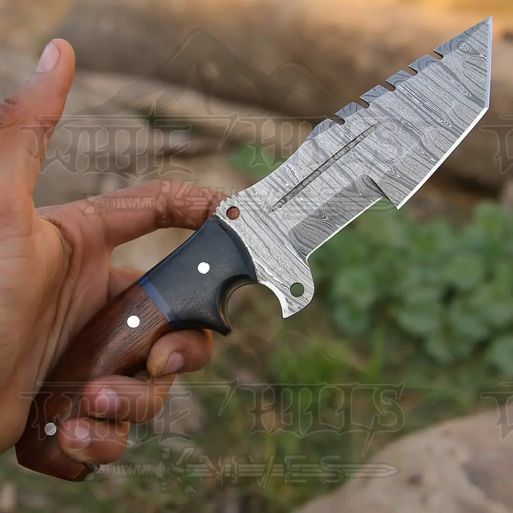 White Hills Knives 10”Custom Hand Made Forged Damascus Steel Tracker Hunting Camping Knife With Wood & Resin Handle - Angler's Pro Tackle & Outdoors