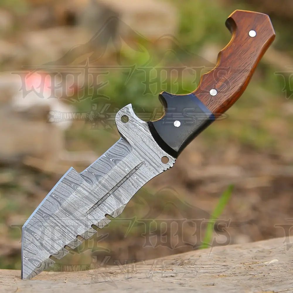 White Hills Knives 10”Custom Hand Made Forged Damascus Steel Tracker Hunting Camping Knife With Wood & Resin Handle - Angler's Pro Tackle & Outdoors