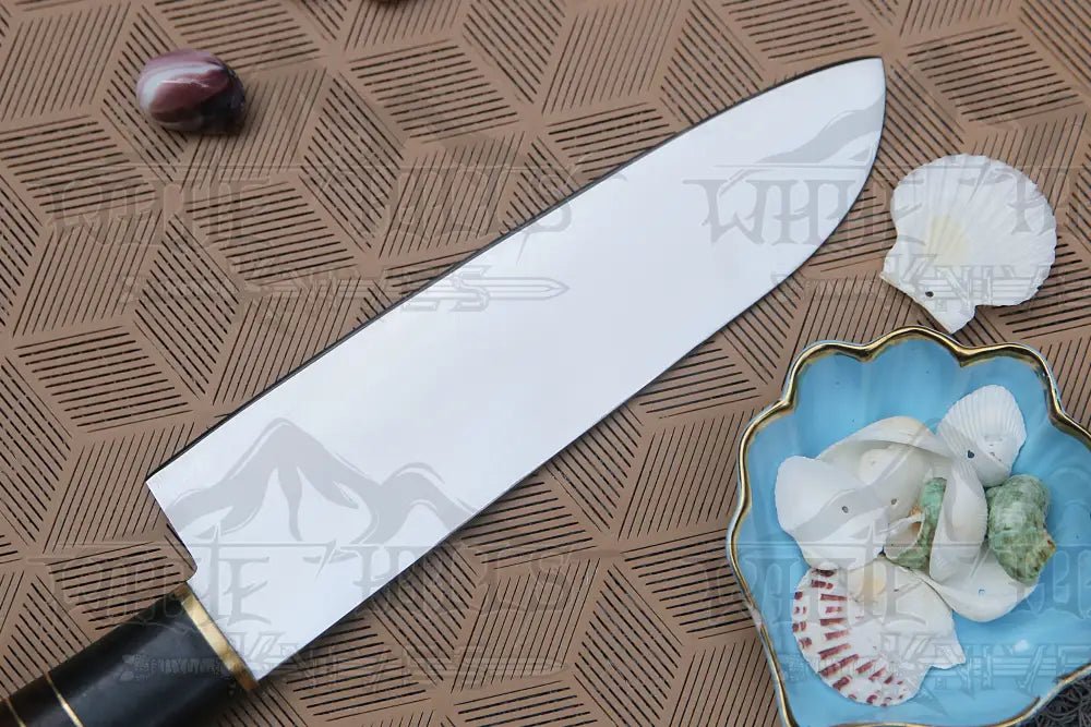 White Hills Knives 13" Handmade D2 Steel Chef Knife Buffalo Horn Handle with Wood & Brass Spacer - Angler's Pro Tackle & Outdoors