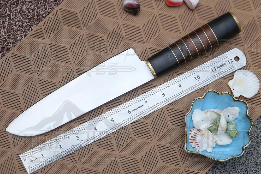 White Hills Knives 13" Handmade D2 Steel Chef Knife Buffalo Horn Handle with Wood & Brass Spacer - Angler's Pro Tackle & Outdoors