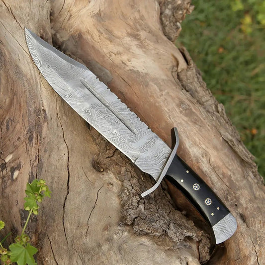 White Hills Knives 15" Handmade Damascus Steel Bowie Knife - Buffalo Horn Handle - Angler's Pro Tackle & Outdoors