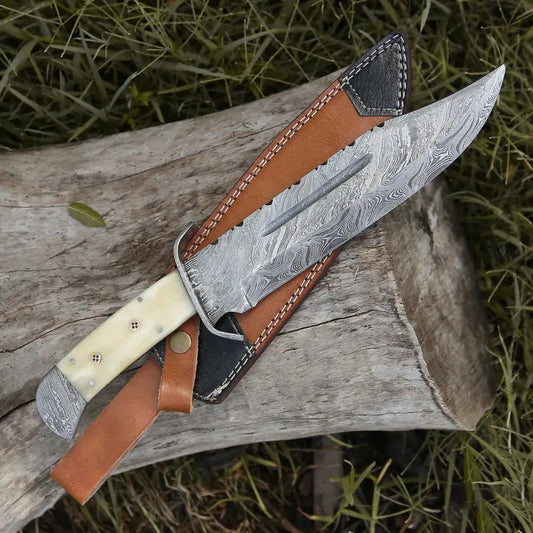 White Hills Knives 15" Handmade Damascus Steel Bowie Knife - Full Tang - Camel Bone Handle - Angler's Pro Tackle & Outdoors