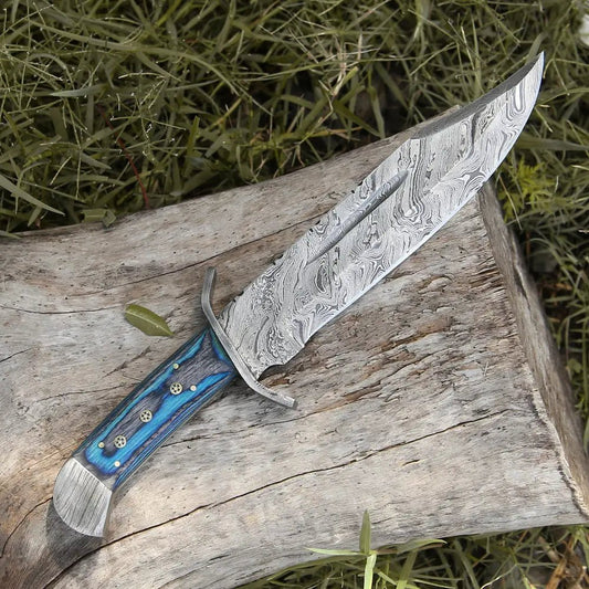 White Hills Knives 15" Handmade Damascus Steel Bowie Knife - Full Tang - Colored Wood Handle - Angler's Pro Tackle & Outdoors