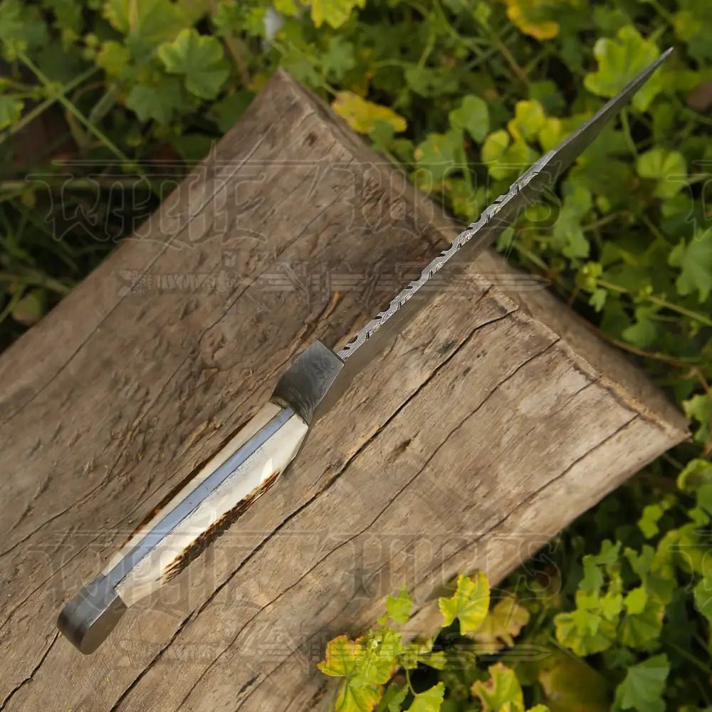 White Hills Knives 15" Handmade Damascus Steel Bowie Knife - Full Tang - Stag Antler Handle - Angler's Pro Tackle & Outdoors