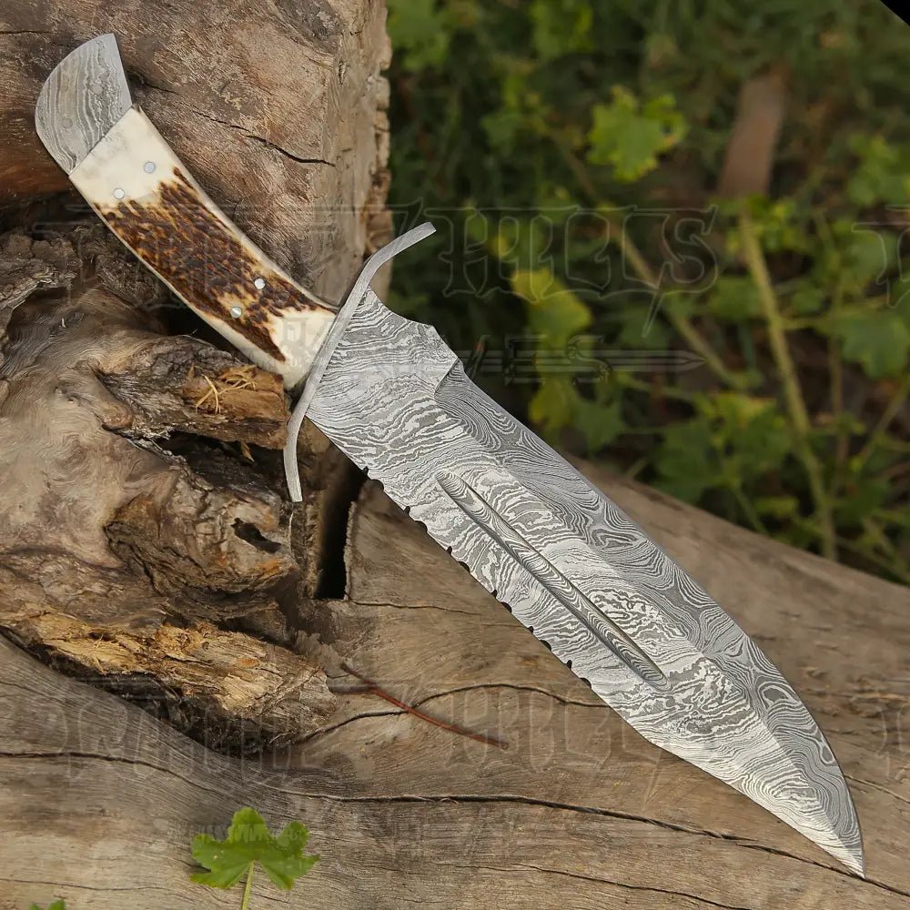 White Hills Knives 15" Handmade Damascus Steel Bowie Knife - Full Tang - Stag Antler Handle - Angler's Pro Tackle & Outdoors