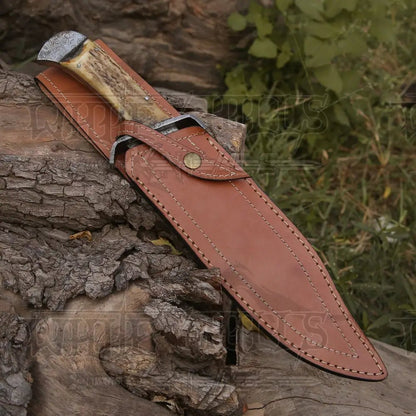 White Hills Knives 15" Handmade Damascus Steel Bowie Knife - Full Tang - Stag Antler Handle - Angler's Pro Tackle & Outdoors