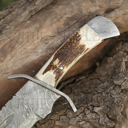 White Hills Knives 15" Handmade Damascus Steel Bowie Knife - Full Tang - Stag Antler Handle - Angler's Pro Tackle & Outdoors