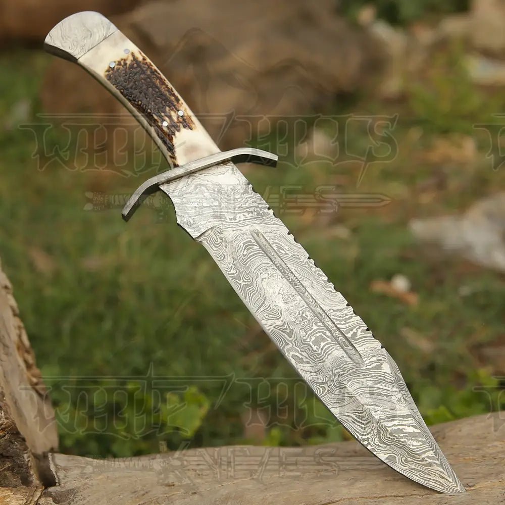 White Hills Knives 15" Handmade Damascus Steel Bowie Knife - Full Tang - Stag Antler Handle - Angler's Pro Tackle & Outdoors