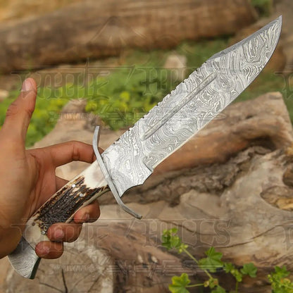 White Hills Knives 15" Handmade Damascus Steel Bowie Knife - Full Tang - Stag Antler Handle - Angler's Pro Tackle & Outdoors