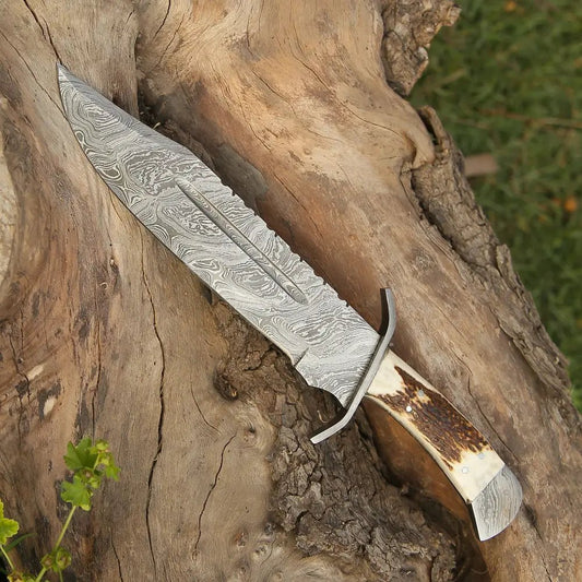 White Hills Knives 15" Handmade Damascus Steel Bowie Knife - Full Tang - Stag Antler Handle - Angler's Pro Tackle & Outdoors