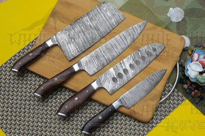 White Hills Knives 4 Piece Handmade Chef Knife Set, 4 Piece Damascus Steel Knife Set, Kitchen Knife Set with Leather Cover - Angler's Pro Tackle & Outdoors