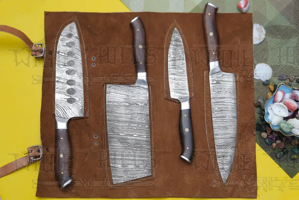 White Hills Knives 4 Piece Handmade Chef Knife Set, 4 Piece Damascus Steel Knife Set, Kitchen Knife Set with Leather Cover - Angler's Pro Tackle & Outdoors