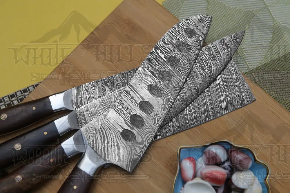 White Hills Knives 4 Piece Handmade Chef Knife Set, 4 Piece Damascus Steel Knife Set, Kitchen Knife Set with Leather Cover - Angler's Pro Tackle & Outdoors