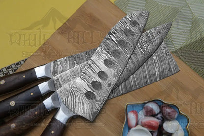 White Hills Knives 4 Piece Handmade Chef Knife Set, 4 Piece Damascus Steel Knife Set, Kitchen Knife Set with Leather Cover - Angler's Pro Tackle & Outdoors