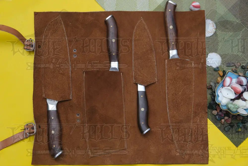 White Hills Knives 4 Piece Handmade Chef Knife Set, 4 Piece Damascus Steel Knife Set, Kitchen Knife Set with Leather Cover - Angler's Pro Tackle & Outdoors