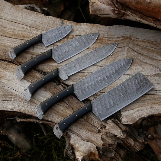 White Hills Knives 5 Piece Damascus Chef Knife Set - Damascus Steel Chef Knife Set with Leather Roll - Angler's Pro Tackle & Outdoors