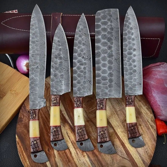 White Hills Knives 5 Pieces Custom Handmade Damascus Steel Chef Set - 5 Piece Kitchen Knives Set - Angler's Pro Tackle & Outdoors