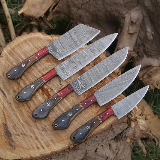 White Hills Knives 5 Pieces Custom Handmade Damascus Steel Chef Set - 5 Piece Kitchen Knives Set - Angler's Pro Tackle & Outdoors