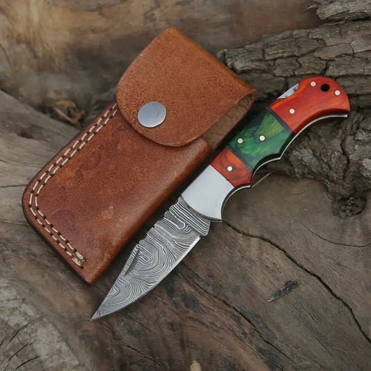 White Hills Knives 6.5" Handmade Damascus Pocket Knife - Folding Pocket Knife - Color Wood Handle WH 5032 - Angler's Pro Tackle & Outdoors