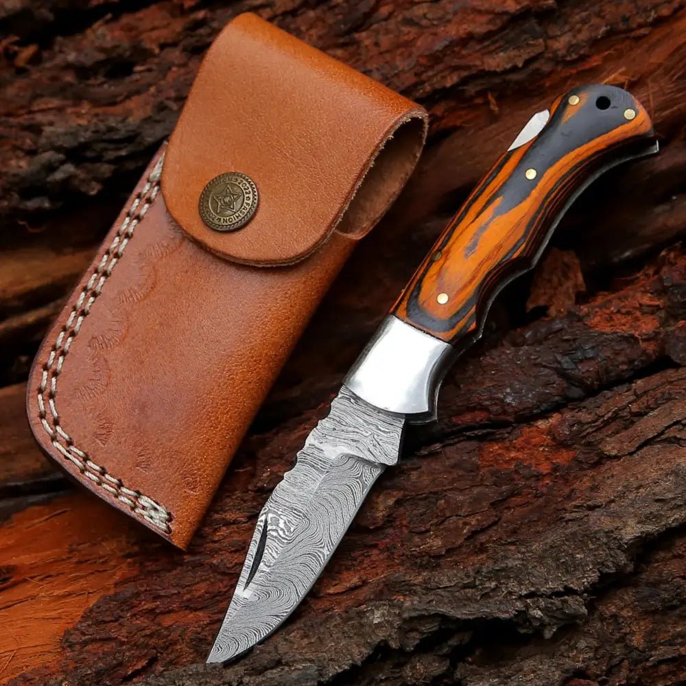 White Hills Knives 6.5" Handmade Damascus Pocket Knife - Folding Pocket Knife - Colored Wood Handle WH 5042 - Angler's Pro Tackle & Outdoors