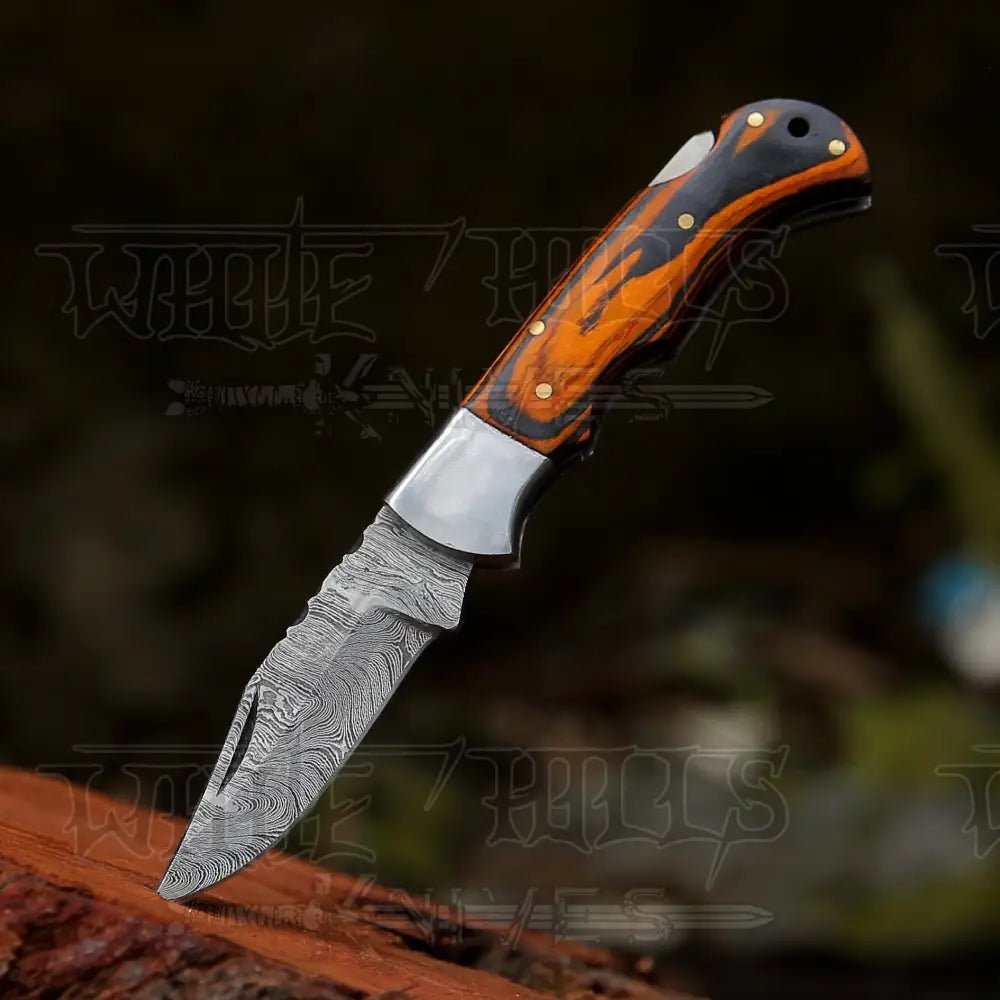 White Hills Knives 6.5" Handmade Damascus Pocket Knife - Folding Pocket Knife - Colored Wood Handle WH 5042 - Angler's Pro Tackle & Outdoors