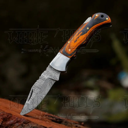 White Hills Knives 6.5" Handmade Damascus Pocket Knife - Folding Pocket Knife - Colored Wood Handle WH 5042 - Angler's Pro Tackle & Outdoors