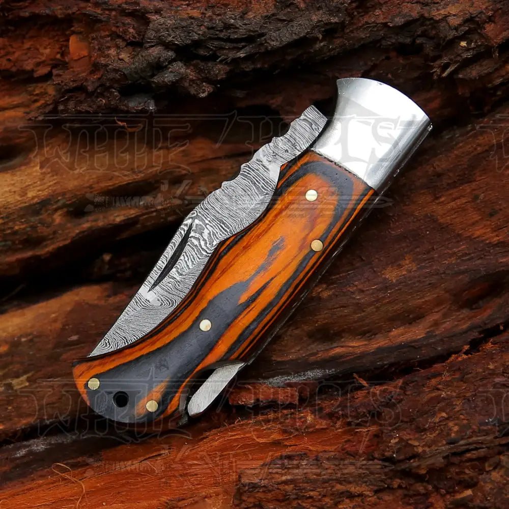 White Hills Knives 6.5" Handmade Damascus Pocket Knife - Folding Pocket Knife - Colored Wood Handle WH 5042 - Angler's Pro Tackle & Outdoors