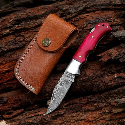 White Hills Knives 6.5" Handmade Damascus Pocket Knife - Folding Pocket Knife - Red Wood Handle WH 5040 - Angler's Pro Tackle & Outdoors