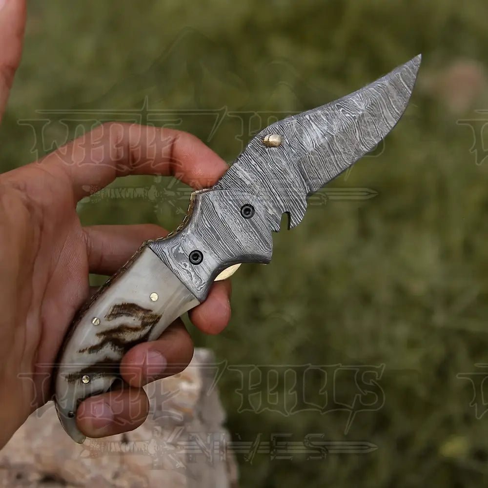 White Hills Knives 7" Handmade Forged Damascus Pocket Folding Knife - Ram Horn Handle - Damascus Bolster WH 3529 - Angler's Pro Tackle & Outdoors