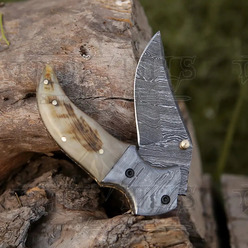 White Hills Knives 7" Handmade Forged Damascus Pocket Folding Knife - Ram Horn Handle - Damascus Bolster WH 3529 - Angler's Pro Tackle & Outdoors