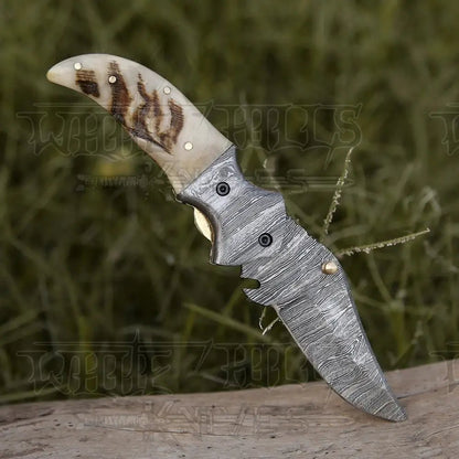 White Hills Knives 7" Handmade Forged Damascus Pocket Folding Knife - Ram Horn Handle - Damascus Bolster WH 3529 - Angler's Pro Tackle & Outdoors