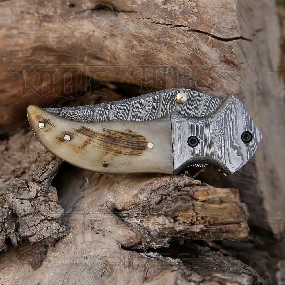 White Hills Knives 7" Handmade Forged Damascus Pocket Folding Knife - Ram Horn Handle - Damascus Bolster WH 3529 - Angler's Pro Tackle & Outdoors