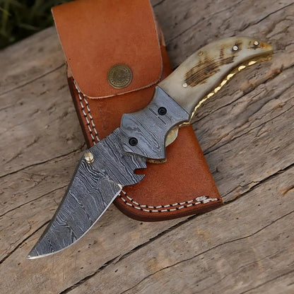White Hills Knives 7" Handmade Forged Damascus Pocket Folding Knife - Ram Horn Handle - Damascus Bolster WH 3529 - Angler's Pro Tackle & Outdoors