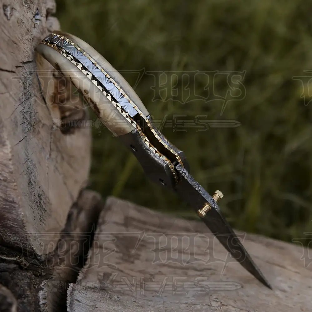 White Hills Knives 7" Handmade Forged Damascus Pocket Folding Knife - Ram Horn Handle - Damascus Bolster WH 3529 - Angler's Pro Tackle & Outdoors