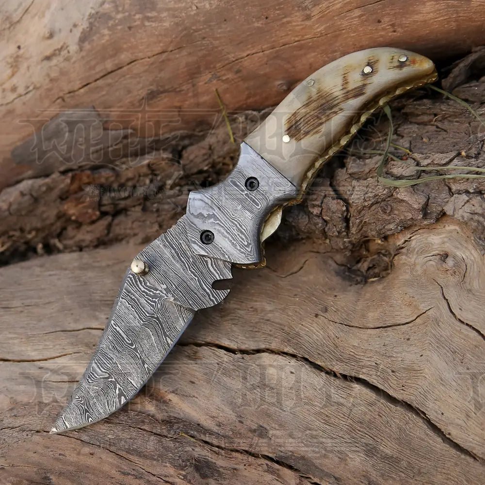 White Hills Knives 7" Handmade Forged Damascus Pocket Folding Knife - Ram Horn Handle - Damascus Bolster WH 3529 - Angler's Pro Tackle & Outdoors