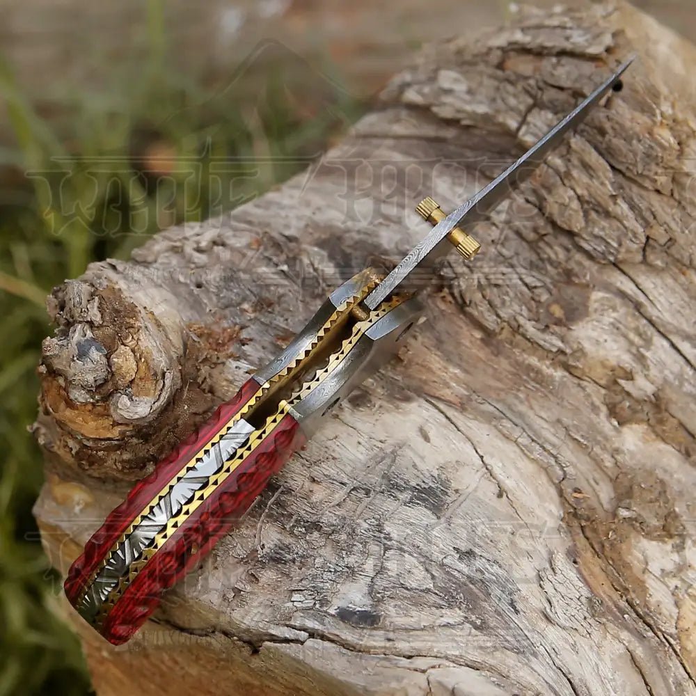 White Hills Knives 7" Handmade Forged Damascus Pocket Folding Knife - Red Pakka Wood Handle - Damascus Bolster WH 3534 - Angler's Pro Tackle & Outdoors