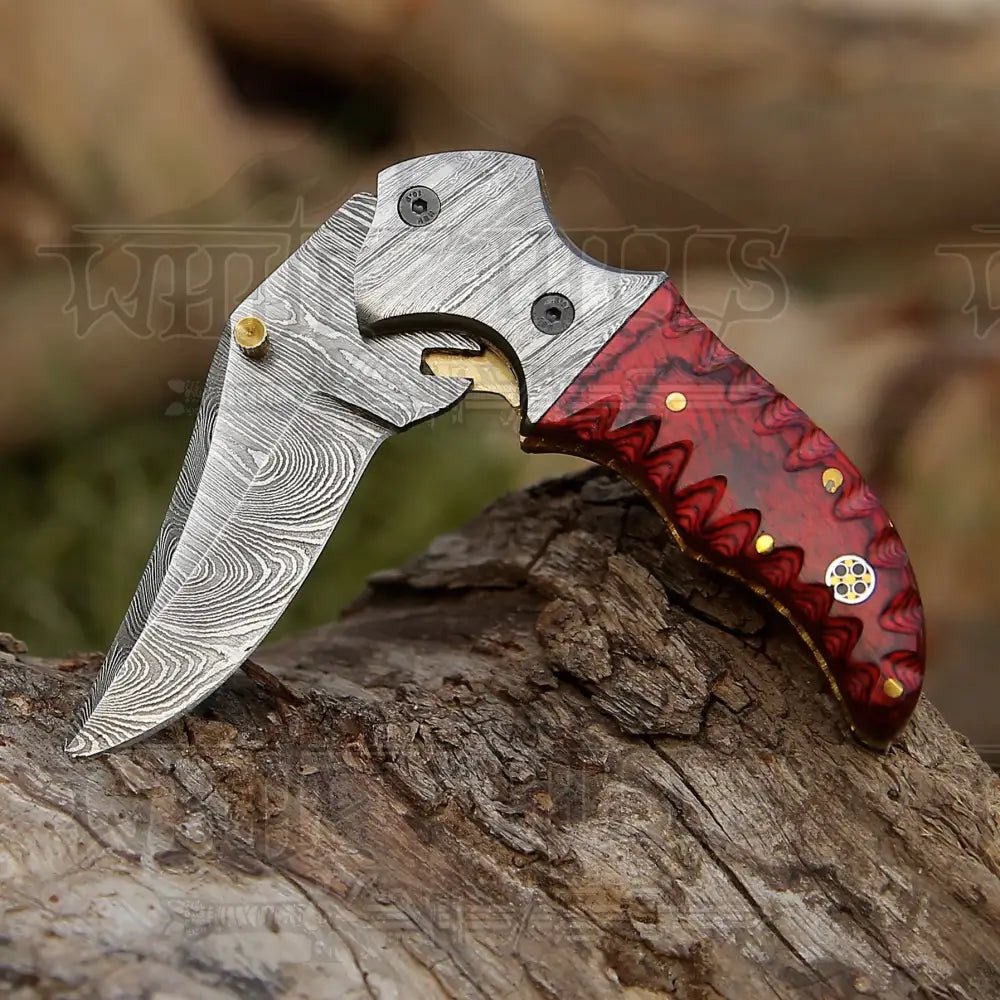 White Hills Knives 7" Handmade Forged Damascus Pocket Folding Knife - Red Pakka Wood Handle - Damascus Bolster WH 3534 - Angler's Pro Tackle & Outdoors